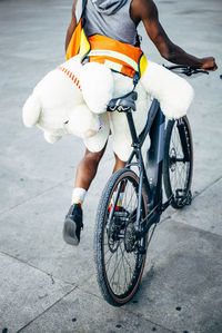 Bicycle courier delivering a teddy bear