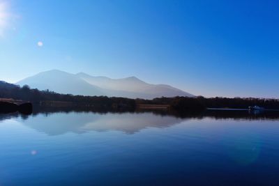 Scenic view of lake against clear blue sky