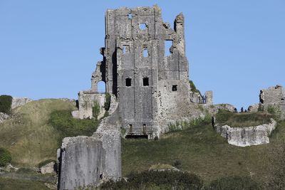 Low angle view of old building against clear blue sky