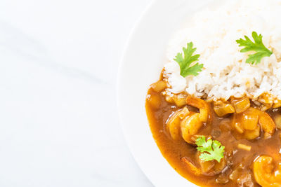 High angle view of food in bowl on white background