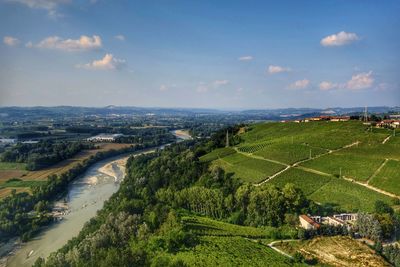 High angle view of agricultural field against sky