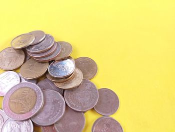 High angle view of coins