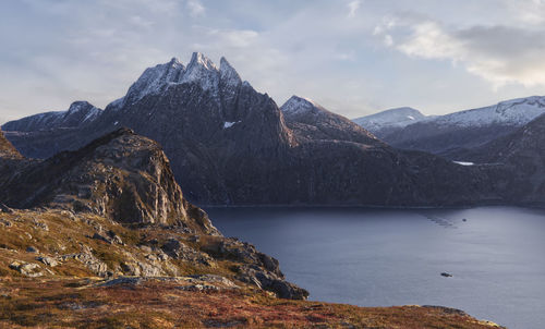 Scenic view of lake and mountains against sky