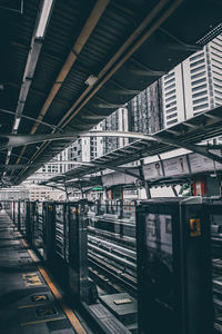 Train at railroad station in city