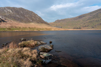 Scenic view of lake and mountains against sky