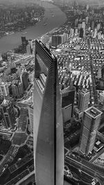 High angle view of modern buildings in city