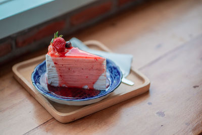 Close-up of dessert served on table