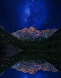 Scenic view of lake and mountains against sky at night