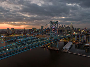 Bridge over river in city against cloudy sky