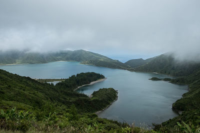 Scenic view of lake and mountains against sky