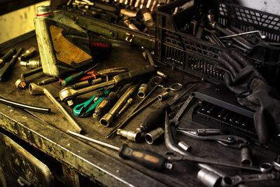 High angle view of tools on table