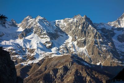 Scenic view of snowcapped mountains against clear sky