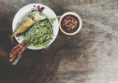 High angle view of food served on table