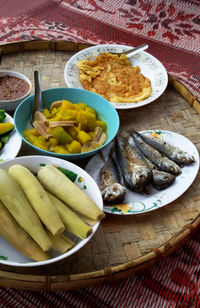 High angle view of food in tray