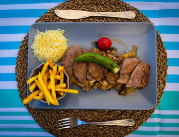 High angle view of breakfast served on table