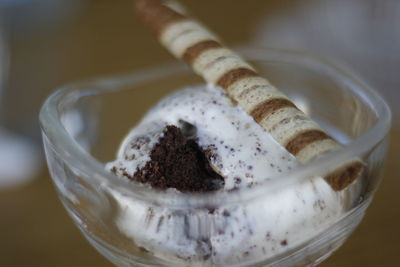 High angle view of ice cream in glass on table