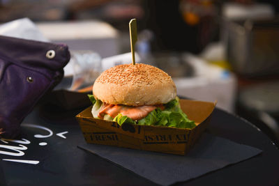 Close-up of burger on table