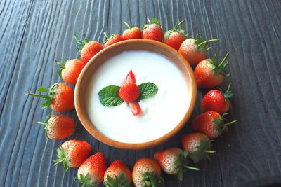 High angle view of fruit salad on table