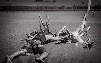 Full length of tired man sleeping by driftwood on sand