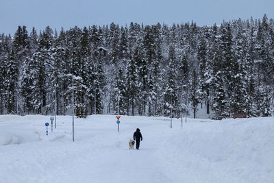 A lonely man and his dog in the wild winter