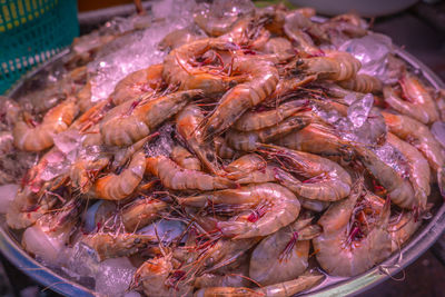 High angle view of seafood for sale in market