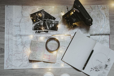 High angle view of open book on table