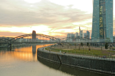 Bridge over river at sunset