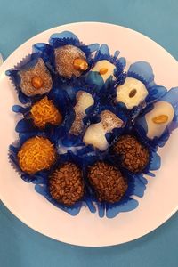 High angle view of cookies in plate on table