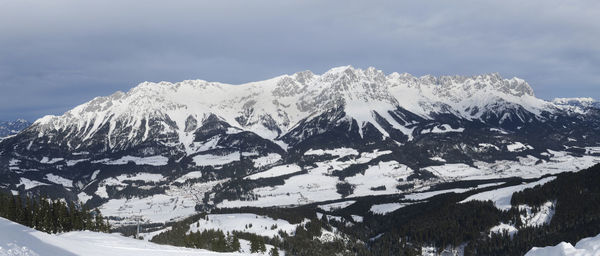 Scenic view of snowcapped mountains against sky