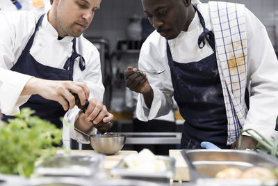 Male chefs preparing food in kitchen of restaurant