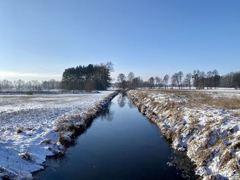 Scenic view of canal against clear sky during winter
