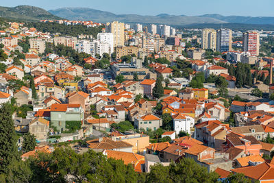 High angle view of buildings in city