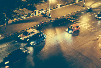 High angle view of city street at night