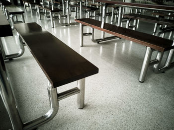 Empty chairs and tables in restaurant