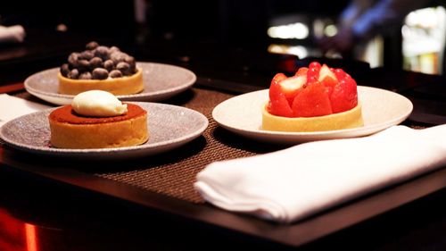 Close-up of dessert served on table