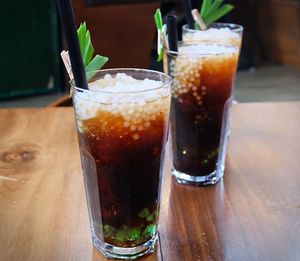 Close-up of beer in glass on table