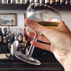 Woman hand holding glass of white wine