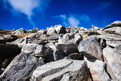 Low angle view of rocks against blue sky