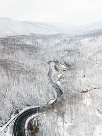 High angle view of snow on road