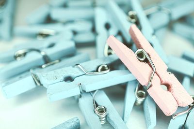 Close up of wooden clothespin on table