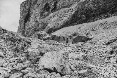 Low angle view of rock formation on land against sky