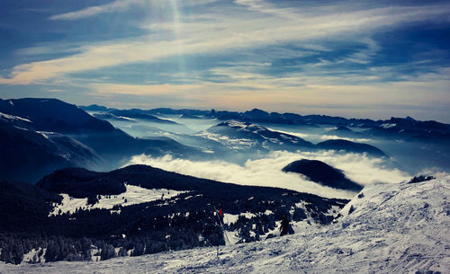 Scenic view of snowcapped mountains against sky