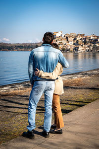 Couple traveling to anguillara sabazia in italy.romantic atmosphere and copy space for your message.