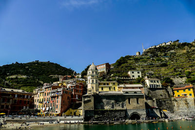 Buildings against clear blue sky