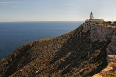 Scenic view of sea by building against sky