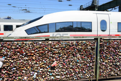 Train in city against sky