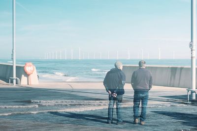 Rear view of men standing at beach against sky