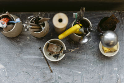 High angle view of objects on table