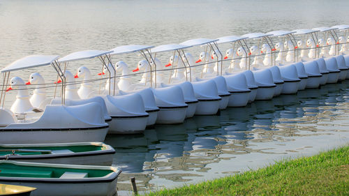 High angle view of boats moored in lake