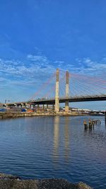 View of bridge over river against cloudy sky